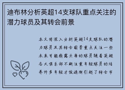 迪布林分析英超14支球队重点关注的潜力球员及其转会前景 迪布林分析英超14支球队重点关注的潜力球员及其转会前景