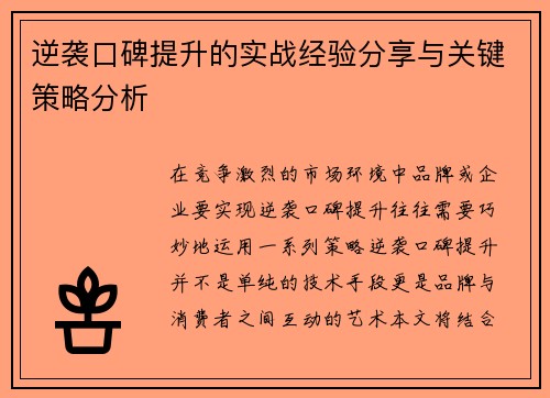 逆袭口碑提升的实战经验分享与关键策略分析