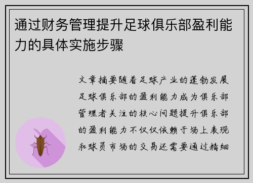通过财务管理提升足球俱乐部盈利能力的具体实施步骤