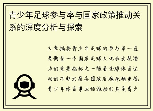 青少年足球参与率与国家政策推动关系的深度分析与探索
